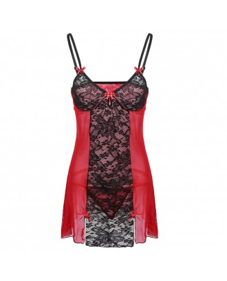 Women Sexy Shoulder Strap Bowknot Plus Size Babydoll Lingeries Sleepdress - Red S