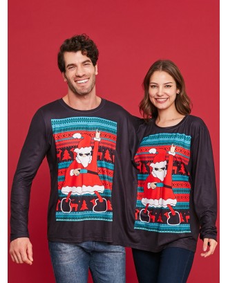 Two Person Long Sleeve Christmas Santa T-shirt - Black M