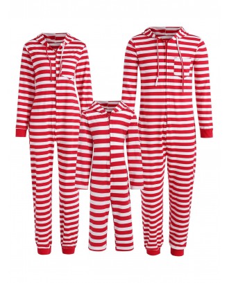 Family Christmas Stripe Hooded Jumpsuit Pajama - Red Dad S