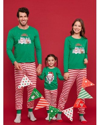 Tree Snowman Print Striped Family Christmas Pajamas - Light Sea Green Dad Xl
