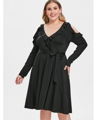 Plus Size Flounce Cold Shoulder Belted Dress - Black 2x