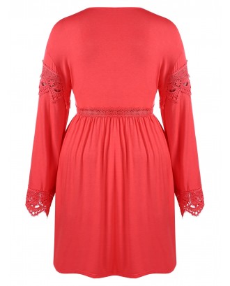 Plus Size Crochet Plunging Empire Waist Dress - Red 1x