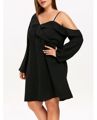 Plus Size Ruffle Trim Belted Mini Dress - Black L