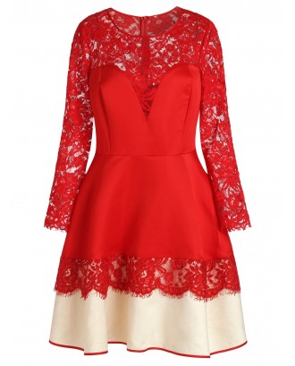 Plus Size See-through Lace Spliced Dress - Scarlet 2x