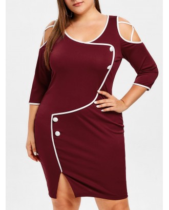 Plus Size Knee Length Contrast Hem Button Slit Bodycon Dress - Red Wine 3x