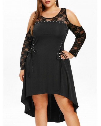 Plus Size Lace Insert Cold Shoulder High Low Dress - Black L