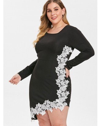 Plus Size Contrast Lace Asymmetrical Bodycon Dress - Black 2x
