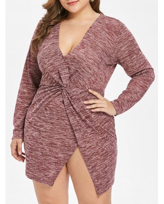Plus Size Plunging Neckline Front Knot Marled Dress - Cherry Red 1x