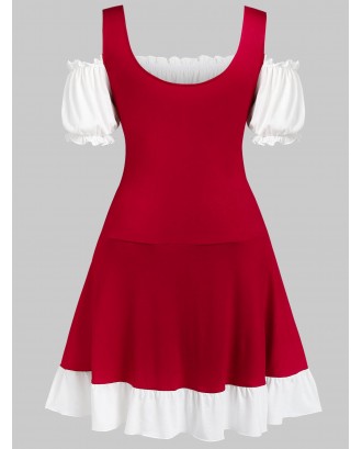 Plus Size Cold Shoulder Faux Twinset Lace Up Dress - Red Wine L