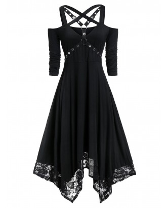 Plus Size Cold Shoulder Harness Handkerchief Dress - Black L