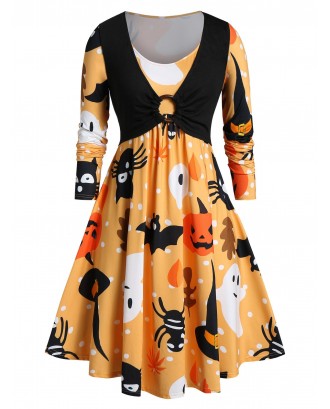 Plus Size Halloween Ghost Pumpkin Print Flare Dress - Orange L