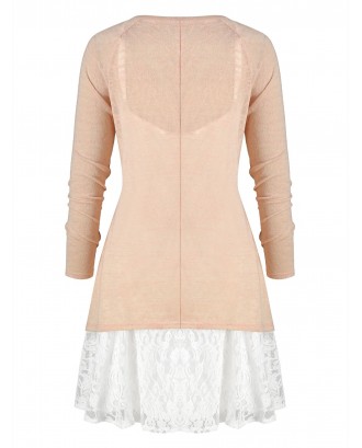 Plus Size Lace Panel Cami Dress And V Neck Knit Top - Apricot L