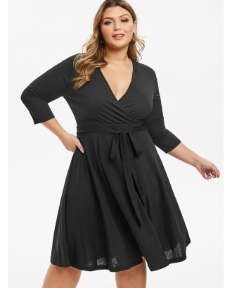 Knotted Surplice A Line Plus Size Dress - Black M