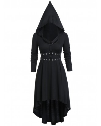 Plus Size Hooded Gothic High Low Solid Dress - Black L