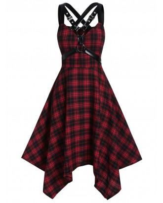 Plus Size Plaid Harness Gothic Hanky Hem Dress - Red Wine L