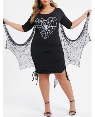 Plus Size Spider Web Print Gothic Dress With Bat Wing - Black L