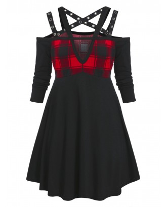 Plus Size Plaid Panel Rings Cold Shoulder Gothic Dress - Black L