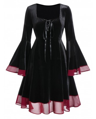 Plus Size Halloween Bell Sleeve Lace Up Velvet Dress - Black L