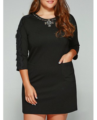 Plus Size Lace Trim Rhinestone Embellished Dress - Black 2xl