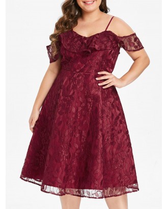 Plus Size High Waisted Lace Dress with Flounce - Red Wine L