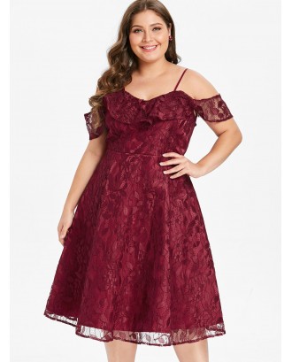 Plus Size High Waisted Lace Dress with Flounce - Red Wine L