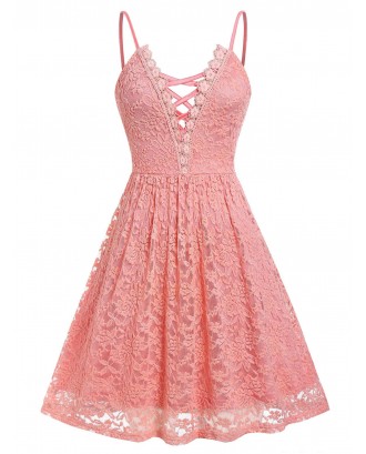 Plus Size Lace Criss Cross Cami Dress - Light Coral L