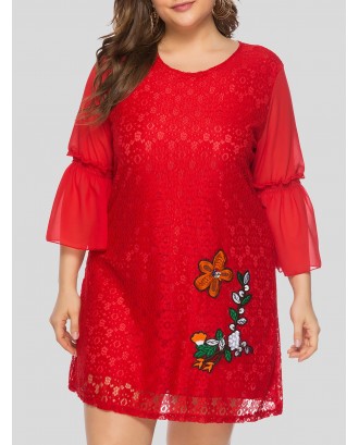 Plus Size Embroidery Mini Lace Dress - Red 3x