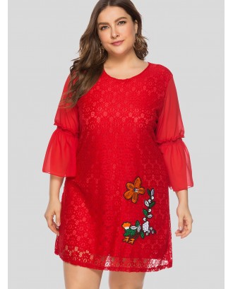 Plus Size Embroidery Mini Lace Dress - Red 3x
