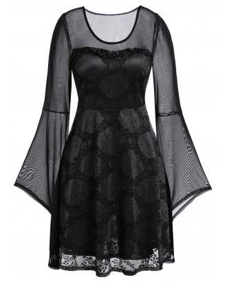 Plus Size Lace Mesh Sheer Bell Sleeve Dress - Black L