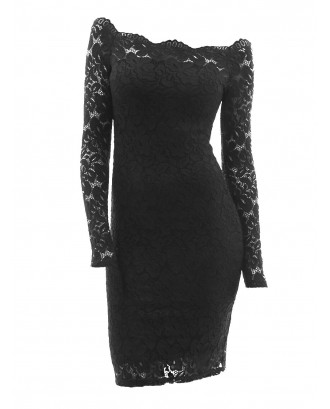 Off Shoulder Long Sleeve Plus Size Lace Dress - Black 4x
