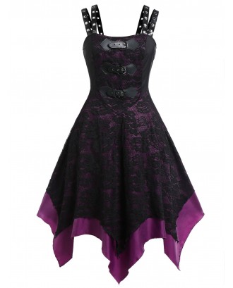 Plus Size Handkerchief PU Buckle Halloween Gothic Lace Dress - Black 2x