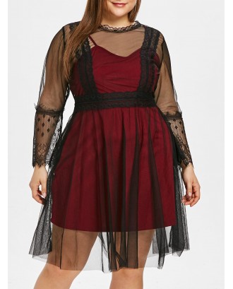 Plus Size See Through Lace Panel A Line Dress - Red Wine L