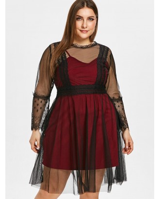 Plus Size See Through Lace Panel A Line Dress - Red Wine L