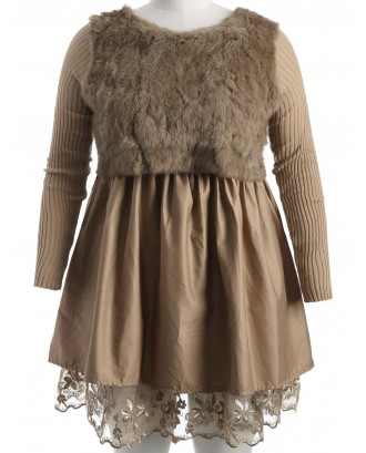 Plus Size Lace Splicing Faux Fur Knitted Dress - Camel 2xl