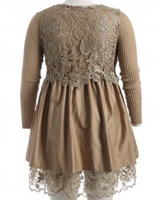 Plus Size Lace Splicing Faux Fur Knitted Dress - Camel 2xl
