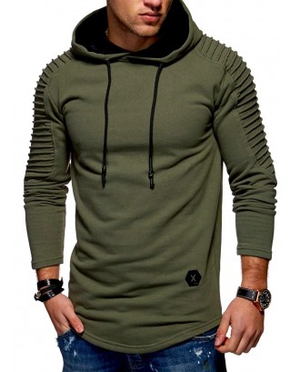Solid Pleated Sleeve Patch Detail Long Fleece Hoodie - Army Green 2xl