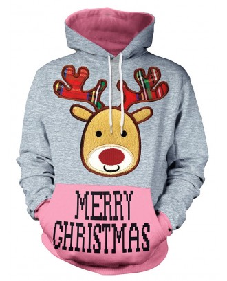 Christmas Reindeer Print Long Sleeve Hoodie - Gray Cloud M