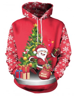Christmas Santa and Tree Print Pullover Hoodie - Red M