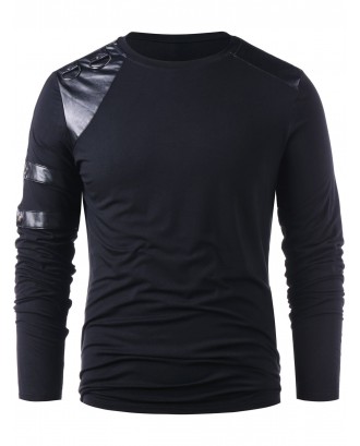 PU Leather Panel Round Hole Embellished T-shirt - Black Xl