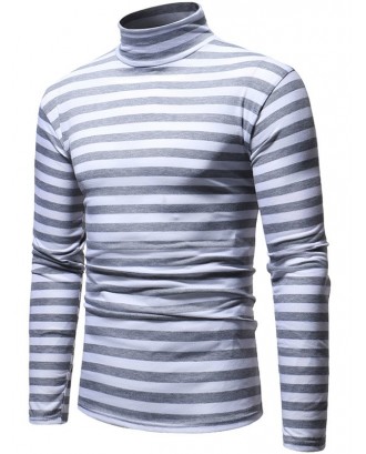 Striped High Neck Long Sleeve T-shirt - Light Gray L
