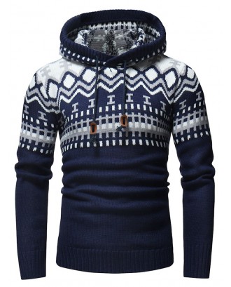 Geometric Spliced Drawstring Hooded Sweater - Blue M