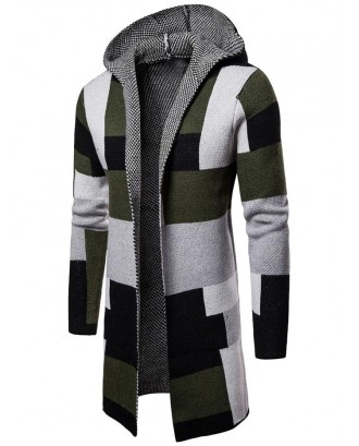 Collarless Hooded Color Block Long Cardigan for Man - Fern Green L