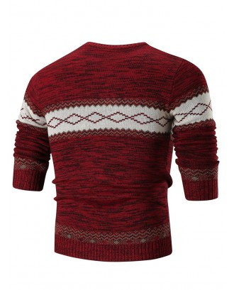 Geometric Print Long Sleeve Sweater - Red 2xl