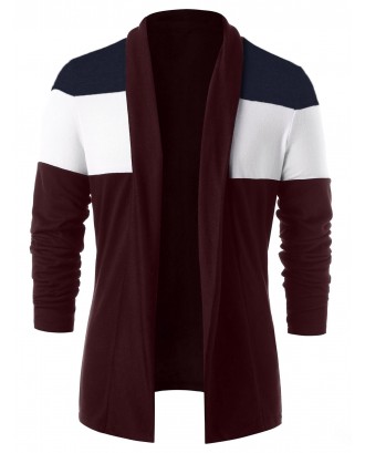Color Block Open Front Casual Cardigan - Red Wine M