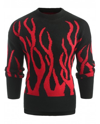 Plant Print Long Sleeve Pullover Sweater - Lava Red M