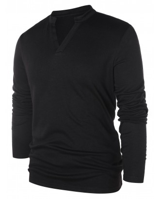 Solid Notch Neck Pullover Sweater - Black L