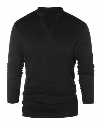 Solid Notch Neck Pullover Sweater - Black L
