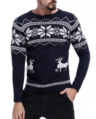 Christmas Deer Pattern Pullover Sweater - Midnight Blue M