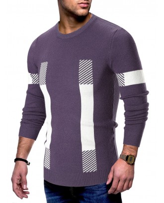 Contrast Color Striped Print Pullover Sweater - Purple L