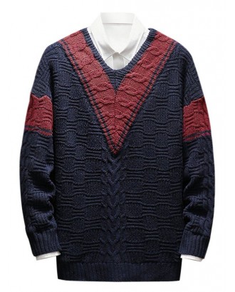 V Neck Panel Long Sleeve Sweater - Deep Blue S